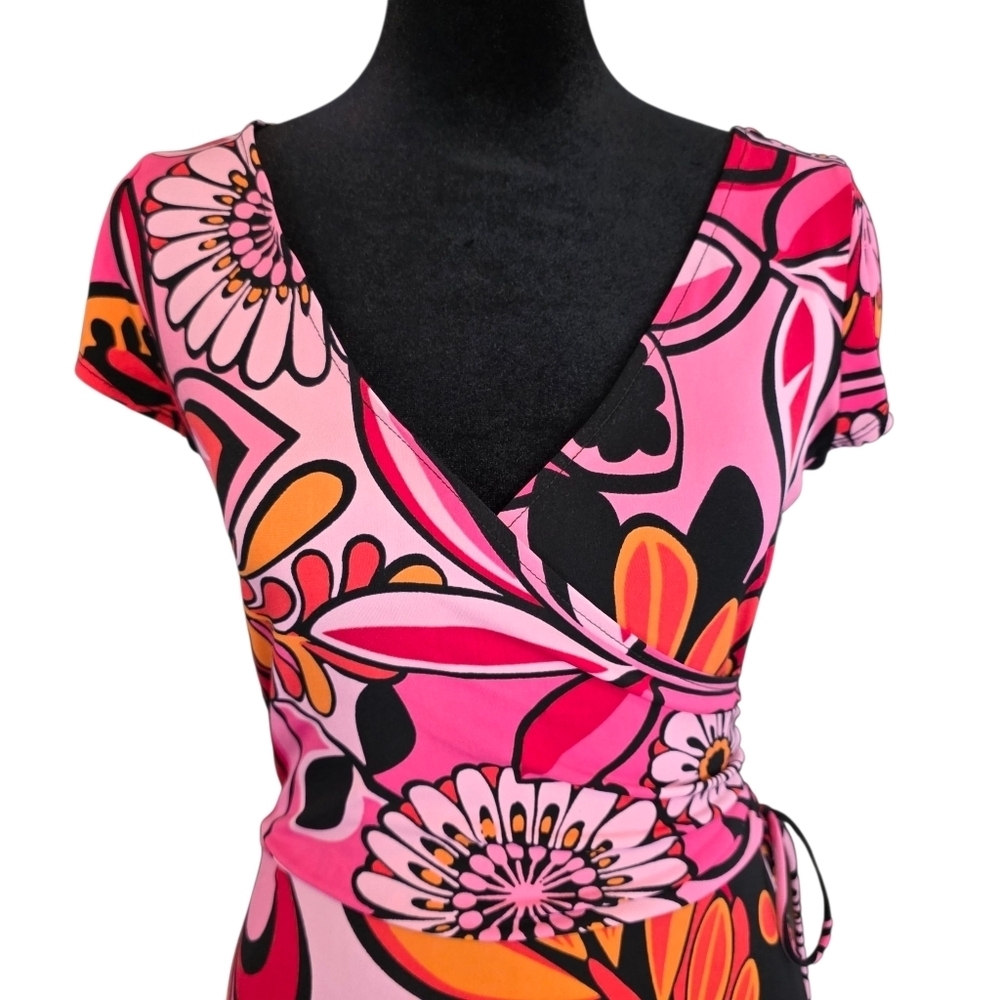 🌺 LIZZATTI Slinky Flowy Floral Wrap Dress Size 4 | Retro 90s Y2K Bold Print 🌺 - Picture 2 of 9